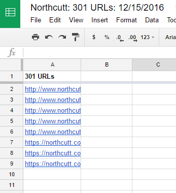 Screenshot of an excel spreadsheet displaying a list of urls in column a, titled "northcutt: 301 urls: 12/15/2016" at the top.