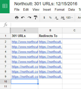 Screenshot of an excel spreadsheet displaying a list of urls in column a with their corresponding redirected urls in column b.