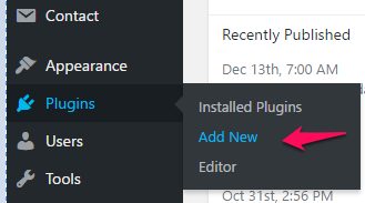 Screenshot of a website's wordpress admin panel highlighting the "add new" option under the "plugins" menu, indicated by a red arrow.