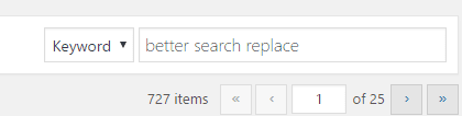 Screenshot of wordpress search interface displaying a keyword search for "better search replace" with results indicating 727 items across 25 pages.
