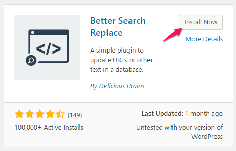 Webpage section promoting the "better search replace" plugin by delicious brains, showing a graphic, star rating, user reviews, and installation options.