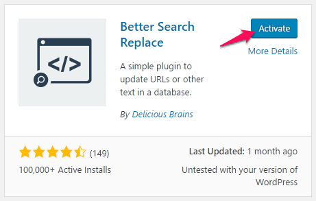 Screenshot of a wordpress plugin interface showing "better search replace" plugin with an "activate" button and a summary of plugin details, ratings, and status.