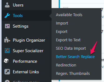 Screenshot of a website's wordpress admin sidebar menu highlighting the "seo data import" tool with a pink arrow pointing at it.