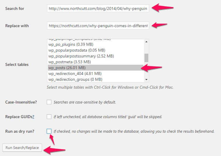 Screenshot of a database search and replace tool interface, showing fields for "search for" and "replace with", with options for selecting specific database tables and case sensitivity toggle.