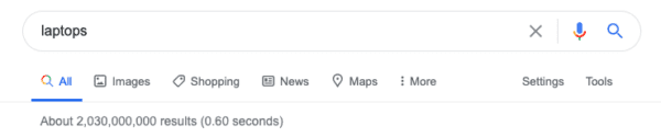 A search engine results page for the query "laptops" displaying approximately 2.93 billion results.