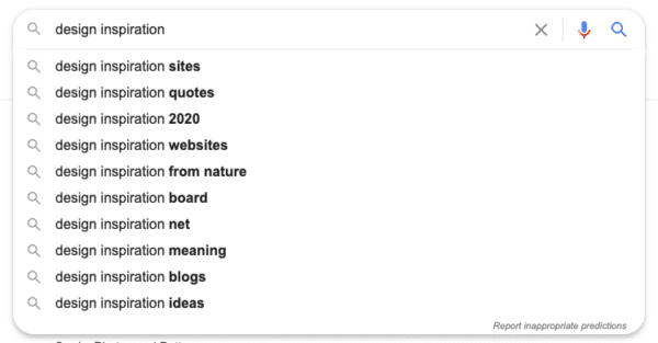 A screenshot of a google search for "design inspiration" with suggested search queries displayed.
