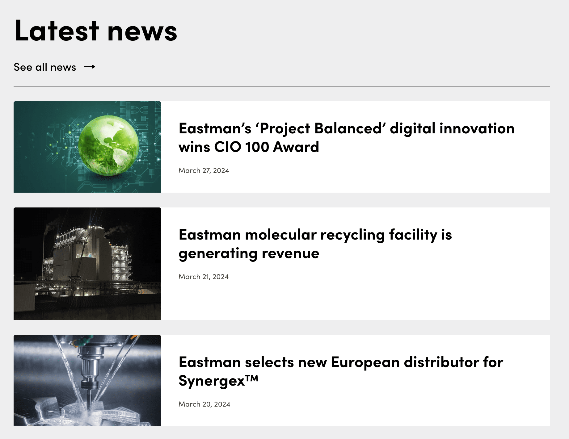 Three news article thumbnails: top depicts earth in green, middle shows an industrial recycling facility at night, bottom displays machinery in a high-tech setting.