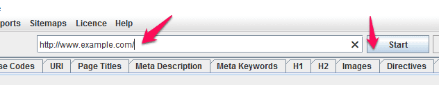 Screenshot of screaming frog seo tool interface indicating an input field for a url with a pink arrow and a start button marked with another pink arrow.