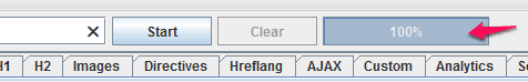 Screenshot of screaming frog interface with toolbar including a "start" and "clear" button, and a progress bar at 100% indicated by a pink arrow.