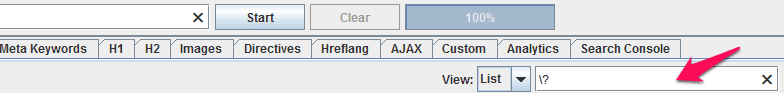 Screenshot of a web tool interface with tabs for "meta keywords", "h1", "h2", and other seo options, plus a pink cursor arrow pointing at "search console" tab.