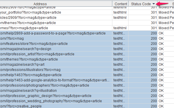 Screenshot of a computer screen displaying a list of urls with their content types and http status codes, indicating web development or seo work.