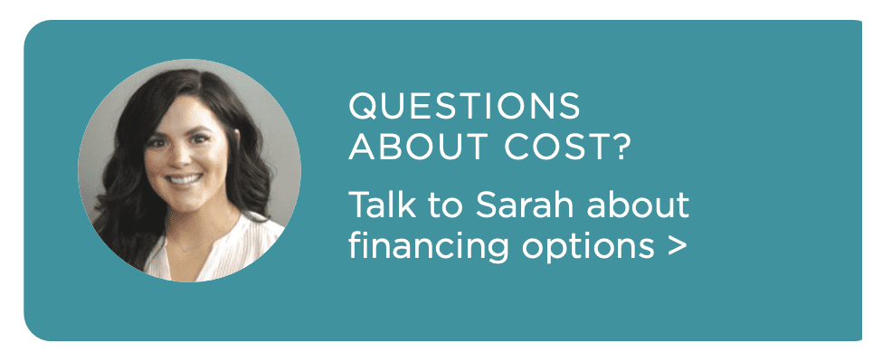 Promotional image featuring a smiling woman with the text "questions about cost? talk to sarah about financing options" on a teal background.