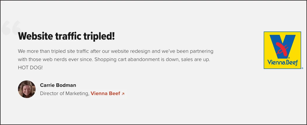 Marketing announcement graphic with text "website traffic tripled!" and a logo of vienna beef. includes a photo of carrie bodman, director of marketing, with a quote about increased site traffic.