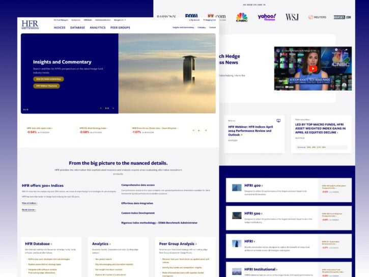 Screenshot of a financial services website featuring market indices, analytics, peer group data, commentary articles, and a media section with news headlines and videos.