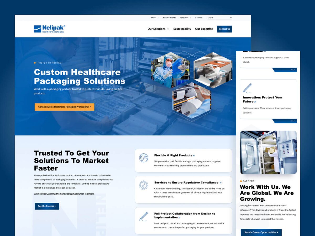 A screenshot of Nelipak’s website homepage displaying sections about custom healthcare packaging solutions, product information, and company services. Several images and navigation links are also visible.
