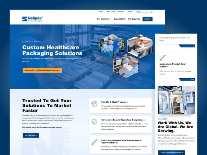 A screenshot of Nelipak’s website homepage displaying sections about custom healthcare packaging solutions, product information, and company services. Several images and navigation links are also visible.