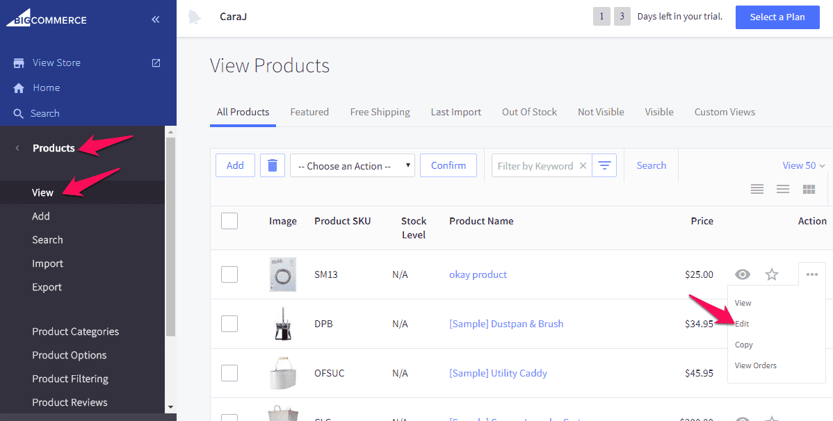Screenshot of an e-commerce website backend, highlighting the "products" menu on the left and displaying various product listings with prices on the right.