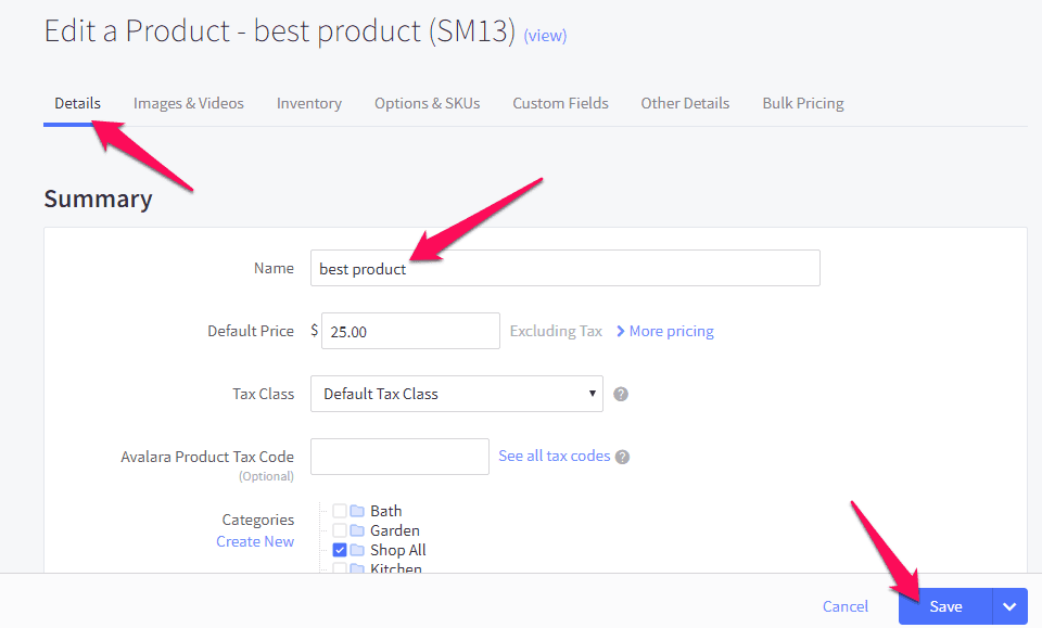 Screenshot of a product editing interface titled "edit a product - best product (sm13)", showing details tab with fields like name, price, and a red arrow pointing to the save button.