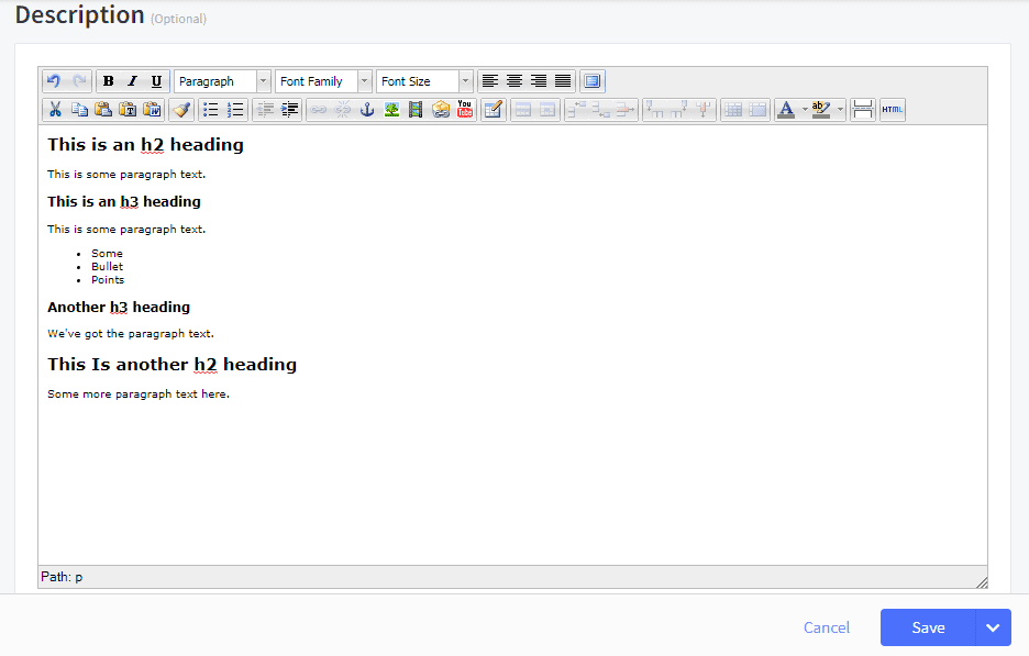 Screenshot of a text editor interface with multiple headings and bullet points, showing toolbar options at the top.