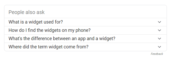 Screenshot of a web search faq section with questions about widgets.