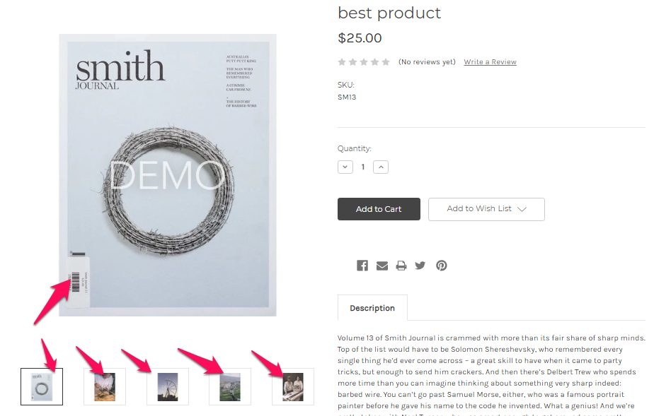 A webpage displaying an issue of "smith journal" with a barbed wire circle design on its cover, alongside a product price of $25.00, and ecommerce buttons for purchase options.