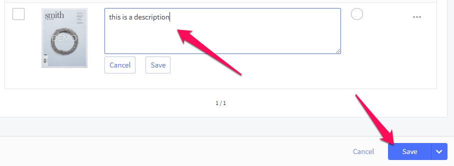 Screenshot of a user interface showing a text box labeled "this is a description" with arrows pointing to "cancel" and "save" buttons.