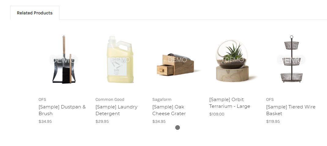 Row of related products: broom and dustpan, laundry detergent, wooden box, terrarium, and tiered wire basket with prices and descriptions below each.