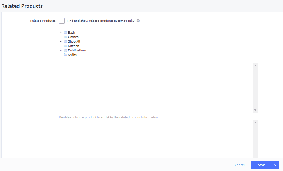 Screenshot of a software interface for selecting related products featuring checkboxes labeled bath, kitchen, publications, and utility, with a product list area and a 'save' button.