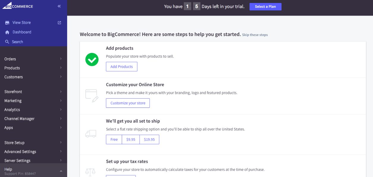 Screenshot of the BigCommerce dashboard showing setup steps for a new user, including product addition, store customization, and setting shipping zones.