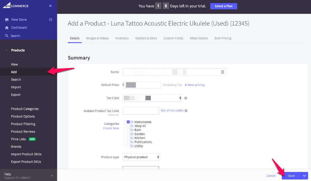 Screenshot of a product management interface with options to add a Luna Tattoo 1/2 Acoustic Electric Ukulele, showing various settings and options with the 'Save' button highlighted.
