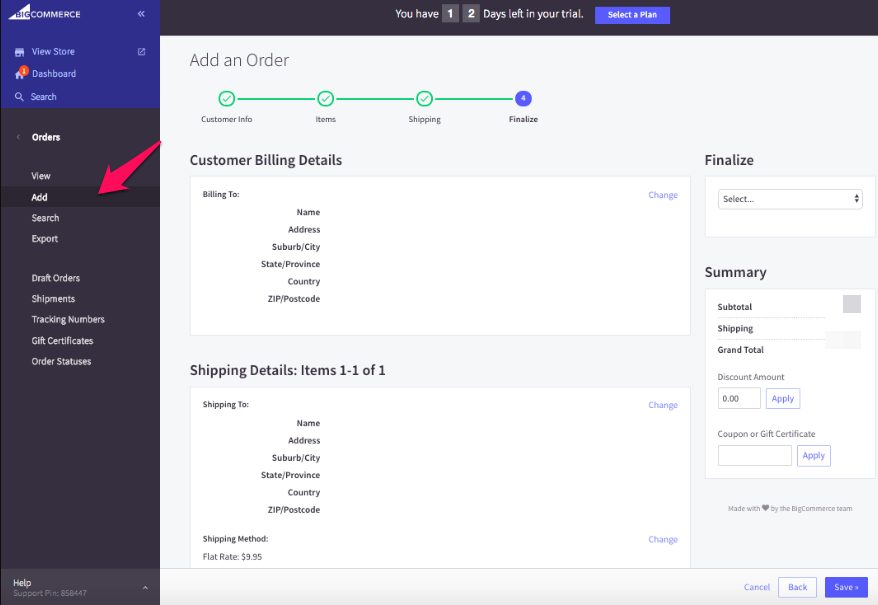 Screenshot of an e-commerce platform's "Add an Order" interface, showing customer billing, shipping details, and a summary section, with an arrow pointing to the "Orders" tab on a sidebar.