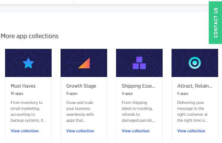 Four app collection banners labeled "Must Haves," "Growth Stage," "Shipping Essentials," and "Attract, Retain" with icons and brief descriptions, placed next to a "Contact Us" button.