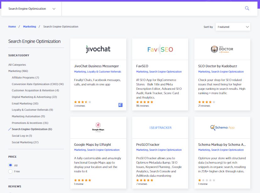 Screenshot of a software marketplace website displaying various Search Engine Optimization (SEO) tools, categorized with icons, titles, ratings, and price information.