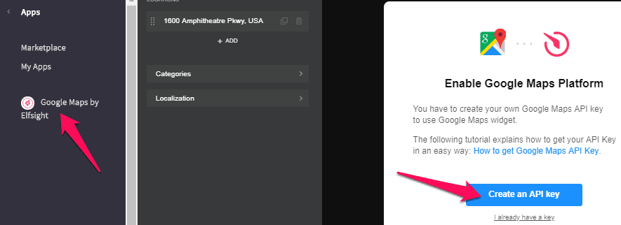 Two screenshots illustrating the steps to enable Google Maps Platform and create an API key, highlighted by red arrows.