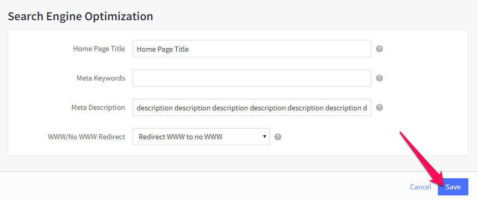 Screenshot of a Search Engine Optimization settings interface with sections for homepage title, meta keywords, meta description, and WWW redirect options, plus a save button highlighted by a red arrow.