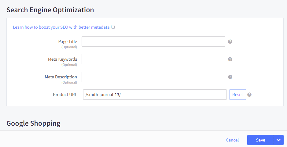 Screenshot of a Search Engine Optimization settings interface with fields for Page Title, Meta Keywords, Meta Description, and Product URL.