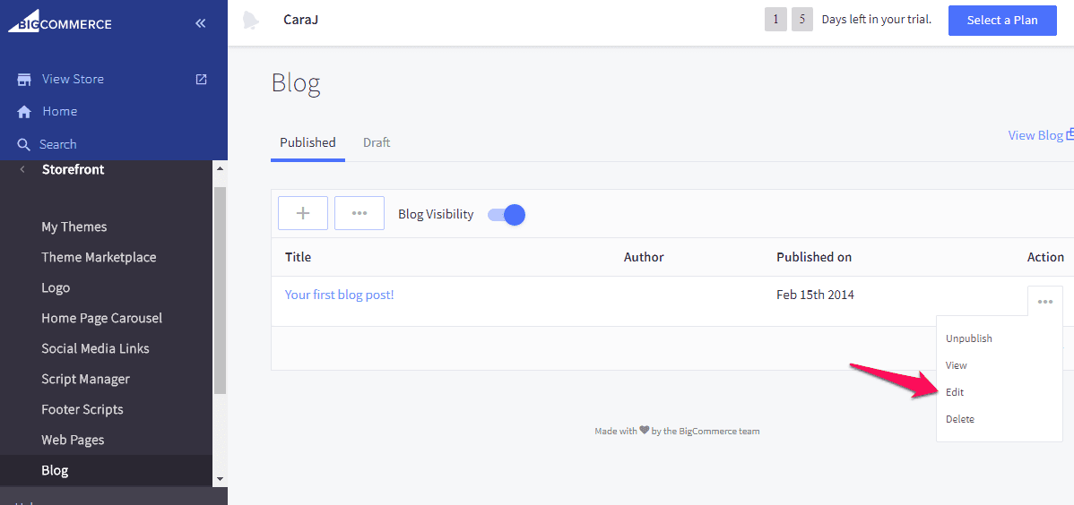 Screenshot of a blog management interface in BigCommerce showing options for a post titled "Your first blog post!" with a cursor pointing to the delete option.