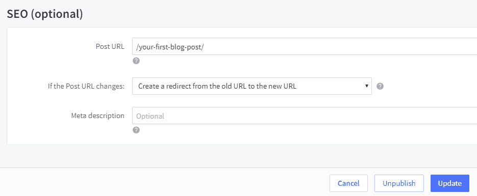 Screenshot of an SEO settings interface with fields for Post URL and Meta description, and options to unpublish or update the post.