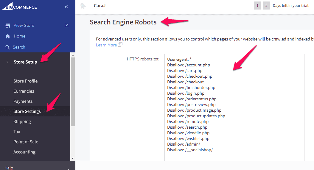 Screenshot of an eCommerce platform showing the Store Setup menu with options highlighted by pink arrows and a window displaying 'Search Engine Robots' settings.