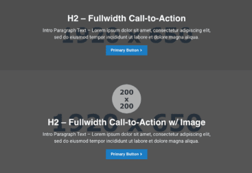 A webpage layout displaying two sections, each with a header, text, and a primary button, and one section includes a 200x200 pixel placeholder image.