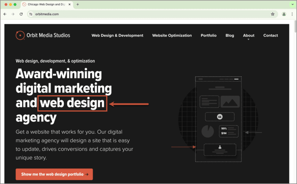 Screenshot of orbit media studios' homepage, highlighting services in digital marketing and web design with an arrow pointing to text on the screen.