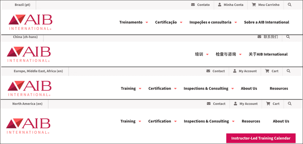 Screenshot of a multilingual website with navigation menus for brazil, china, the middle east, and north america.