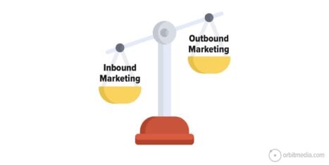 Illustration of a balance scale comparing "inbound marketing" and "outbound marketing" placed in opposing trays.