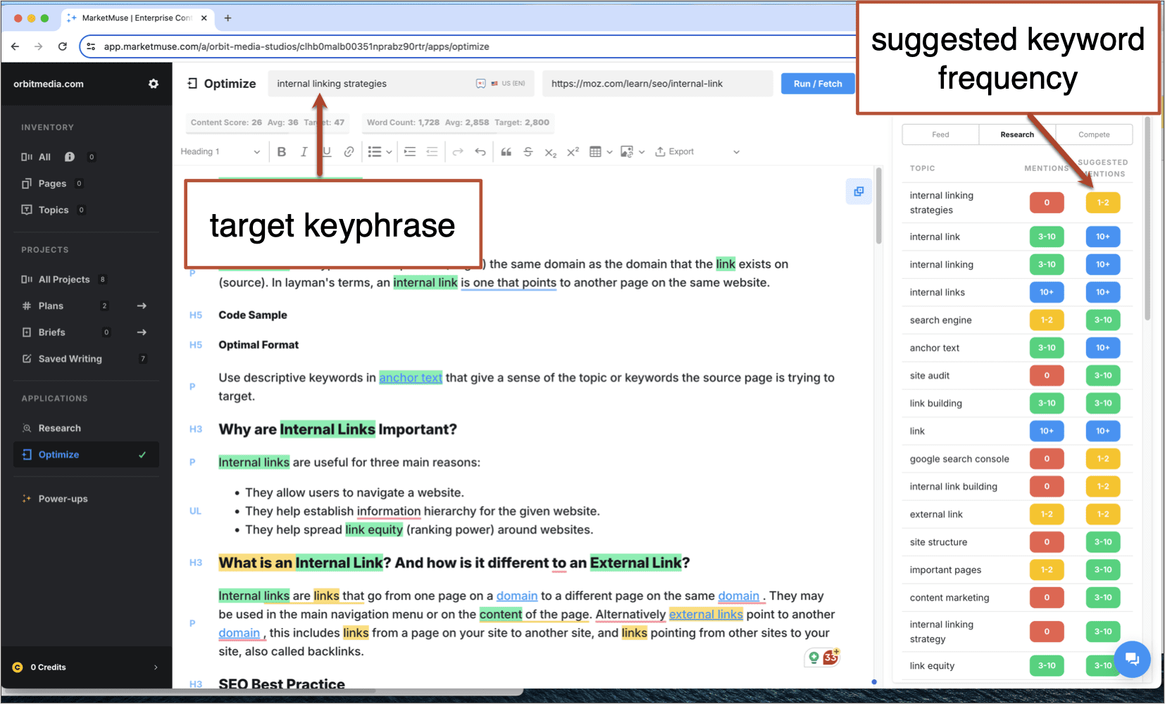 marketmuse screenshot showing target keyphrase and keyphrase frequency suggestions