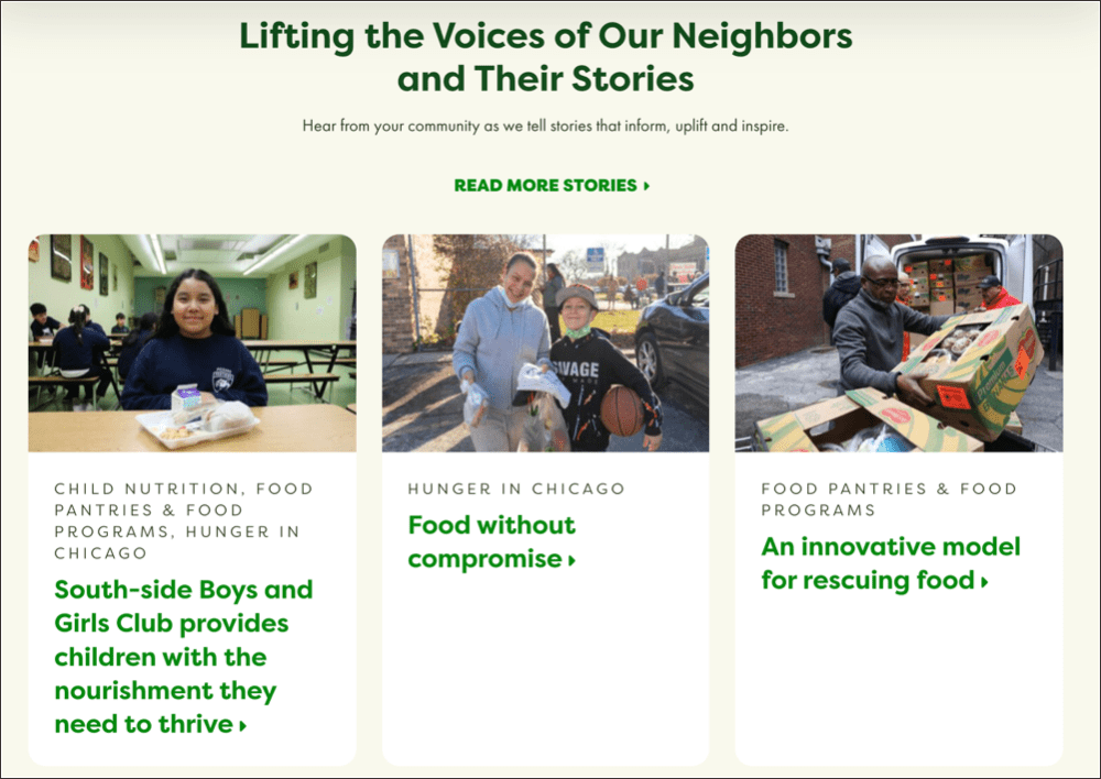 A news feed on a website showing three news stories about a local community food bank