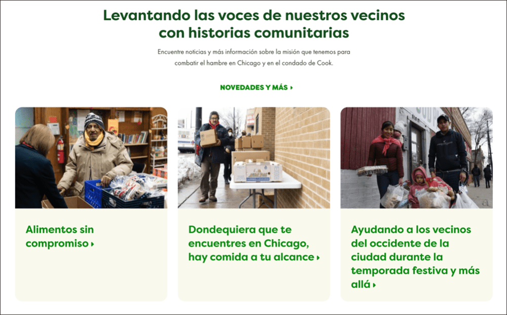 A news feed on a website showing three news stories in Spanish about a local community food bank