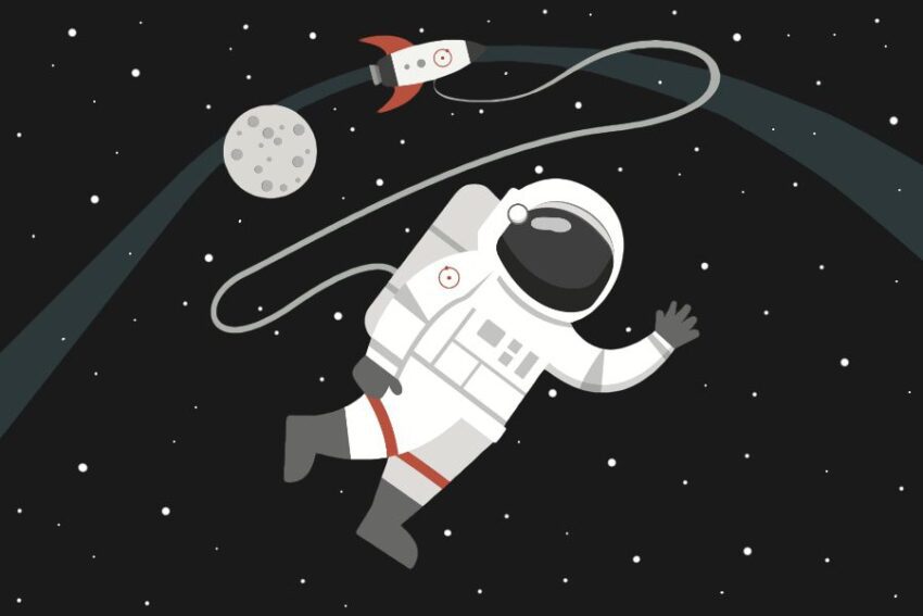 An astronaut floating in space with a rocket orbiting a moon in the background against a starry sky.