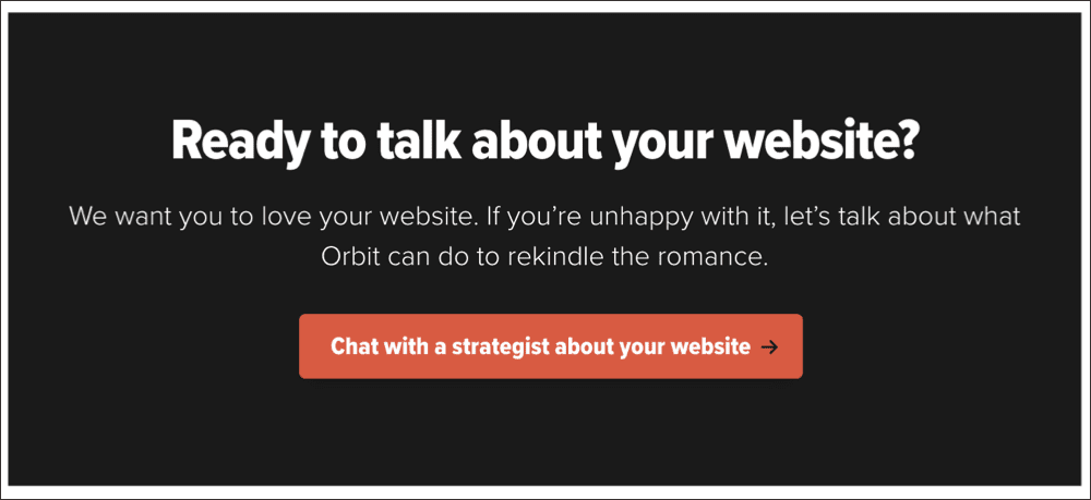 A call to action on Orbit Media's website and a button labeled "chat with a strategist about your website.