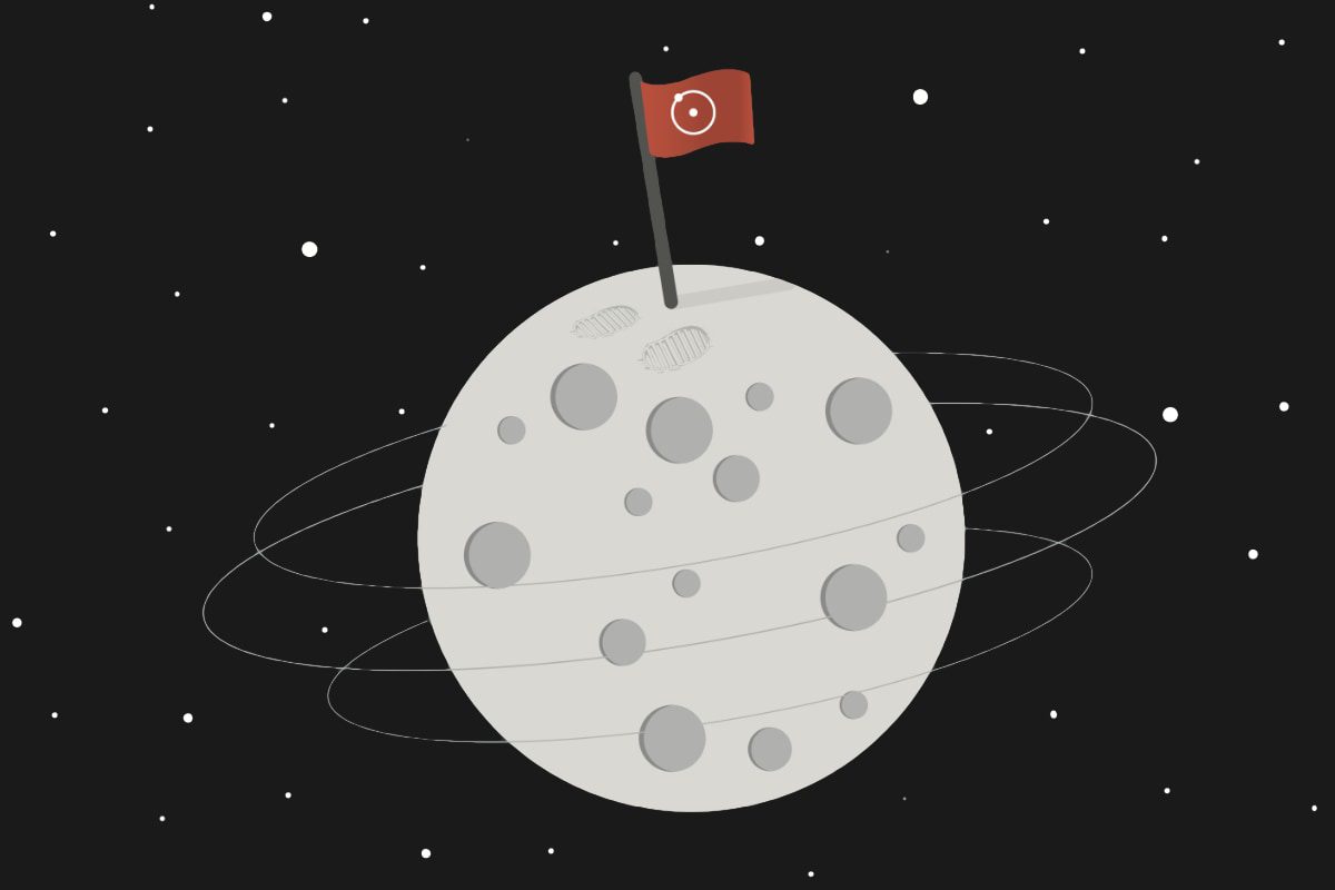 Illustration of a gray moon-like planet with craters, featuring a red flag planted on its surface. Several orbital paths encircle the planet, and white stars are scattered across the black background.