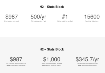 Screen capture displaying two versions of a statistics block with different styles and data layout formats titled "h2 – stats block".